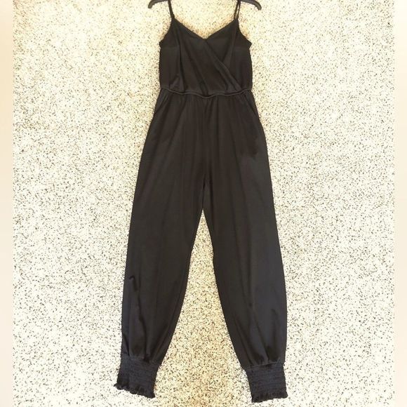Pants - Women's Black Ruffle Boutique Cuff Spaghetti Strap Adjustable V Neck Jumpsuit